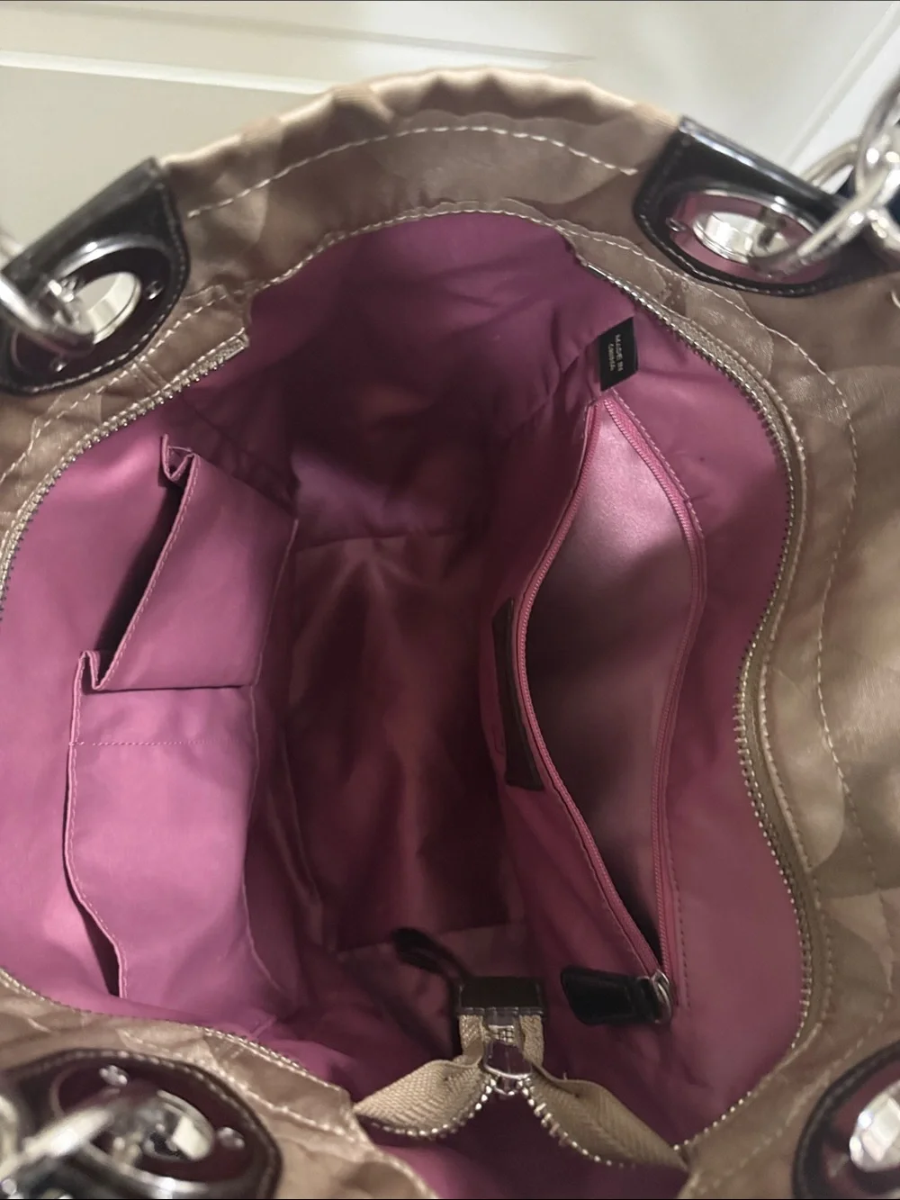 Coach Beige and Brown Signature Tote with Dark Brown Leather Handles